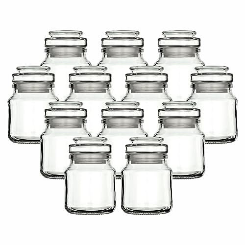 gouveo Lot de 12 bocaux à épices ronds de 200 ml avec bouchon en verre – Bocaux vides en liège à remplir – Bocaux de conservation ronds avec bouchons en verre pour herbes, épices, cosmétiques