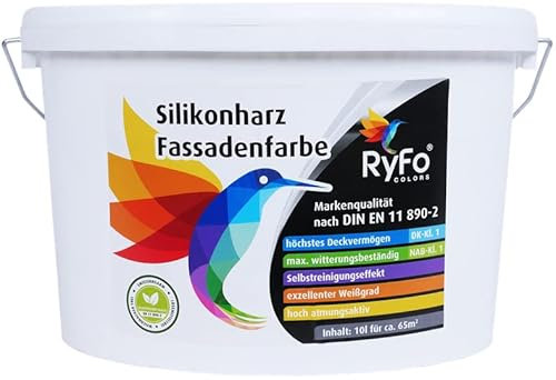 RyFo Colors Silikonharz Fassadenfarbe 10l - hochwertige Silikonharzfassadenfarbe, weiß, Außen-Farbe-Dispersion, wasserabweisend, Abperleffekt, Wetterschutz, hohe Deckkraft, lösemittelfrei