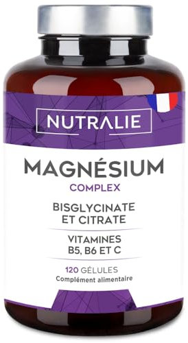 Magnésium Bisglycinate + Citrate - 2145mg - Vitamine B6 B5 C - Fatigue Stress - Magnesium BIO-disponible - Citrate de Magnésium et Magnesium Bisglycinate - 120 Gélules - Nutralie (Sans goût)