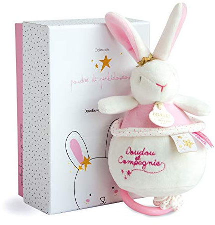 Doudou et Compagnie - Doudou Lapin Boîte à Musique - Cadeau Naissance idéal pour Bébé Fille - Kit Naissance Doudou Musical Lapin Etoile - Rose - 17 cm - Pelidoudou - DC3519