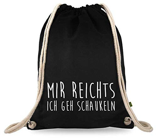 Turnbeutelliebe® Turnbeutel mit Spruch - lustige Motive & Sprüche - Bedruckt - Baumwolle schwarz - Sportbeutel - Rucksack - ca. 12 Liter - 37 x 46 cm (Mir reichts ich GEH schaukeln)