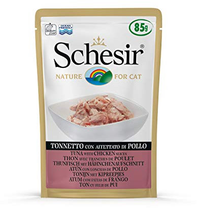Schesir Cat Jelly Thunfisch mit Hähnchenaufschnitt, Katzenfutter nass in Gelee, 20 Beutel x 85g