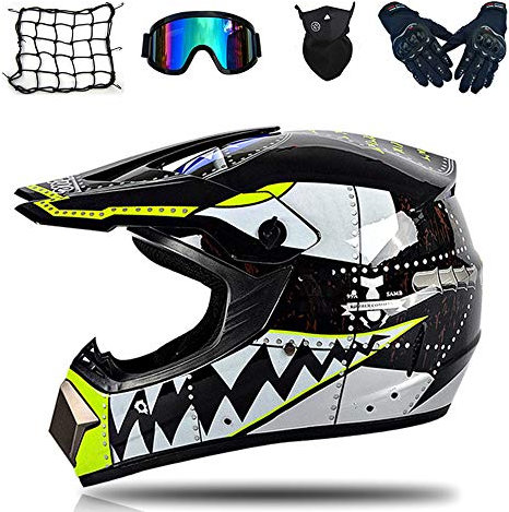 MRDEAR Hai Motocross Helm mit Brille (5 Stücke) Motorrad Crosshelm Kinder Schwarz Cross Fullface-Helm Motorradhelm Schutzhelm Set für DH Enduro Downhill MTB Quad BMX ATV Motorräder (M)
