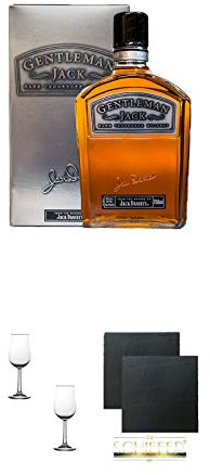 Jack Daniels Gentleman Jack 0,7 Liter + Nosing Gläser Kelchglas Bugatti mit Eichstrich 2cl und 4cl - 2 Stück + Schiefer Glasuntersetzer eckig ca. 9,5 cm Ø 2 Stück