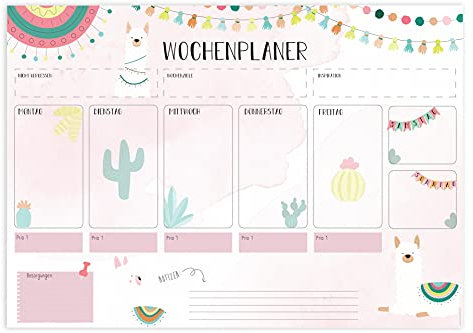 Friendly Fox Wochenplaner Block Lama, 1x DIN A4 Schreibtischunterlage als Kalender ohne festes Datum, Weekly Planer, Schreibblock Organisation to do