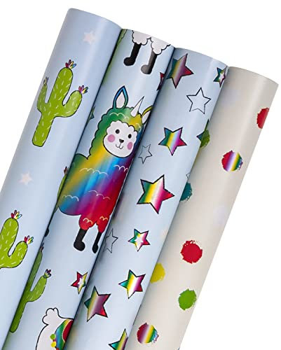 Holijolly Geschenkpapierrolle - Süßes Lama und Sterne mit Metallicfolienglanz - 4 Rollen - 76x300cm pro Rolle