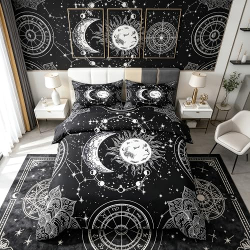 Loussiesd Bettwäsche-Set mit Bettdeckenbezug zum Thema: Sonne und Mond, Konstellation, psychedelisch, bohème, Mandala, himmlische Galaxie, für Kinder, Jungen, Mädchen, Teenager – Bettüberwurf für das