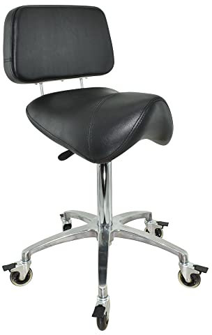 VAKON SALON - Breiter Sattelhocker schwarz mit Bremse und Lehne, Sattelstuhl für Rückenentlastung, Rollhocker höhenverstellbar von 55-75 cm, Praxishocker, Bürohocker, Arbeitshocker