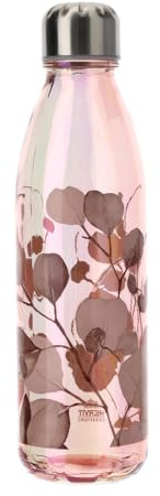 Hervit Bottiglia in Vetro Iridescente con Decori Botanic e Tappo a Vite in Metallo - Contenitore Bevande Borraccia Acqua Trasparente - 650ml - Ø7x25cm (Rosa)
