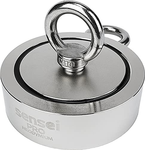SENSEI Magnet 350 kg, Doppelseitiger Neodym-Magnet N52 mit 2 Ösen oben und seitlich, Ø9,4 x H2,8 cm