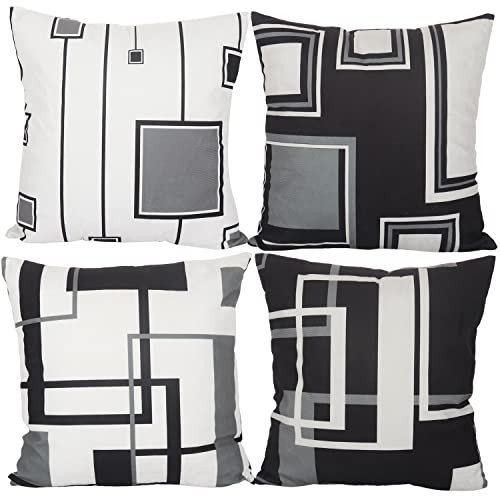Aoihrraan 60x60cm 4er Set Dekorativ Kissenbezug Schwarz Weiß Modern Geometrisch Muster Weicher Plüsch Quadratischer Kissenbezug Bett Wohnzimmer Draussen Balkon Terrasse Patio Stuhl Garten Sofá