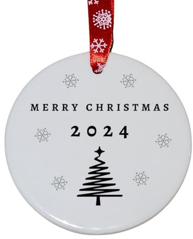 Second Ave Merry Christmas Year Tree White Ceramic Hanging Circle Christmas Xmas Tree Decoration Bauble