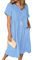 Sommerkleid Damen Leinen Kleider Casual V-Ausschnitt Midikleid Kurzarm A-Linie Kleid Strandkleid (E Blau, S)