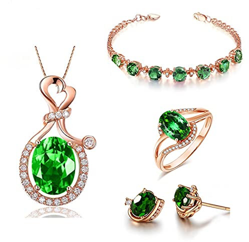 Epinki Boho-Schmuckset, Kette Damen Herz Anhänger Ring Hochzeit Vintage Rose Vergoldet Damen Ohrstecker Gliederarmband Damen mit Grün Zirkonia - Rose Gold, 5pcs