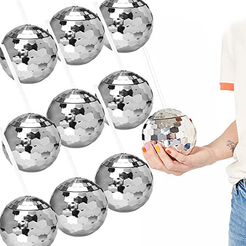 ANTQUE Disco Ball Cups, Tumbler Disco Flash Ball, 1/2/4/8 PCS Cocktail Cup Silver Spherical Cup with Lid and Straw Wine Glass Drinking Syrup Tea Bottle for Nightclub Bar Party (9 PCS, Silver)