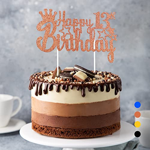 Happy Birthday Tortendeko Geburtstag, Cake Topper Geburtstag, Glitter Cake Topper Happy Birthday, Tortendeko Schwarz, Cupcake Topper für Mädchen Jungen Frauen Mann (Roségold - 13. Geburtstag)