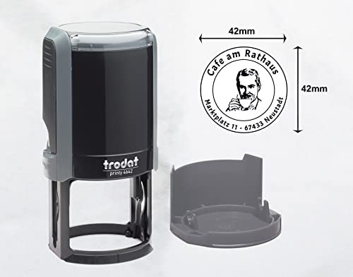 Trodat Stempel Personalisiert Rund mit Text und Logo – Printy 4642 zum Wunschtext Eingeben, Grafik Hochladen und direkt hier Bestellen, Durchmesser 42 mm, Gehäusefarbe Eco Grau