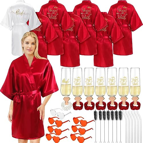 Panitay 42 Pcs Bridal Robes Sets Bride Robes Bridesmaids Proposal Gift Heart Sunglasses Champagne Flutes for Wedding Party, Red, One Size