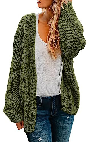 Cocila Cardigans for Women UK Women's Long Sleeved Solid Color Thick Needle Knit Mid Length Loose Coat Cardigan Women's Cable Knit Sweater (Green, M)
