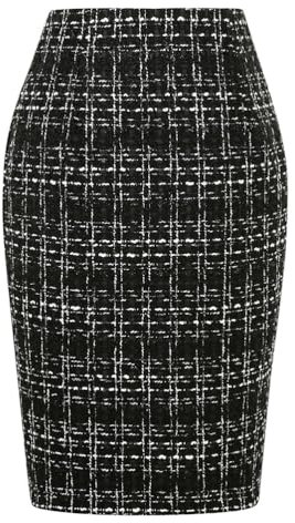 Kinghua Damen Bleistiftrock aus Wolle, kariert, Herbst, Winter, hohe Taille, Schlitz, figurbetont, Knielang, Midirock, Tweed Schwarz, X-Groß