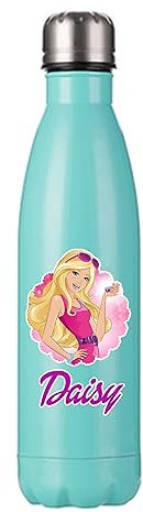 Personalised Doll Water Bottle Gift For Girl, Back To School Gift, 500 ML Double Walled Insulated Stainless Steel Bottle. (Matt Mint Green)