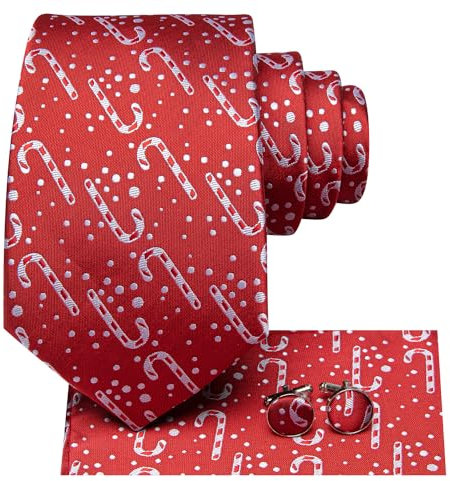 Hi-Tie Herren Weihnachtskrawatte Set Krawatte Einstecktuch Manschettenknöpfe Set Match Rentier Schneeflocke Xmas Baum Muster für Hochzeit Prom,Rote Zuckerstange