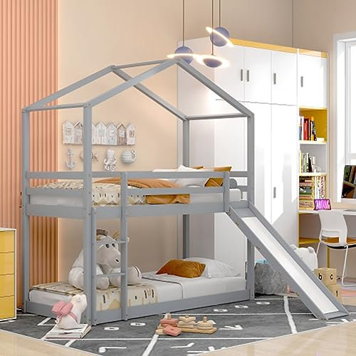 Tcewhhy Etagenbett Mit Rutsche Kinderbett 90 X 200 cm Hausbett Mit Lattenrost Und Fallschutz Niedriges Hochbett Für Kinder Jugendliche Bodenbett Für Kinderzimmer Jugendbett Grau