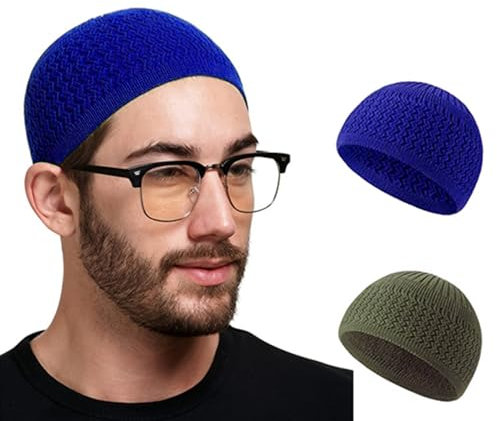 WURTON 2 Stück Strick Baumwolle Schädel Mütze Kopfbedeckung Herren Häkel Masche Schädelmütze Beanie Islam Gebets Hut Herren Kopfbedeckungen Für Jede Jahnreszeit (Baumwolle, Jewel Blue + Grass Green)