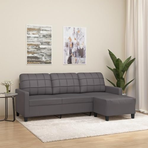 Festnight 3 Sitzer Sofa, Ecksofa 3-Sitzer, Kunstleder Kleines Couch, Modern 3er Gästesofa mit Armlehne, Getuftetes Loveseat Sofas für Wohnzimmer/Schlafzimmer/Wohnung, 180 cm,Grau