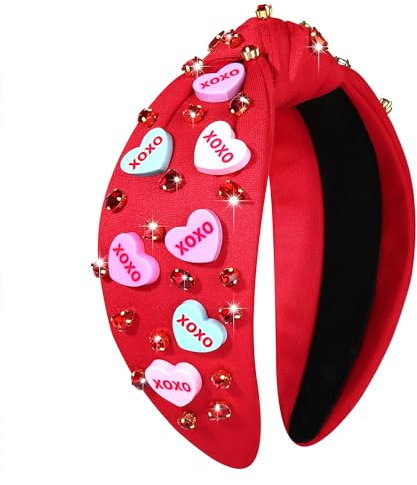 CEALXHENY Valentinstag-Stirnband für Frauen mit Perlen in Herzform, Rot / Rosa, Strass, Kristall, geknotetes Stirnband, XOXO Liebesherz, Schmuck-Haarbänder, Valentinstag, Haarschmuck, Geschenke (XOXO