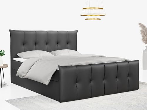 MKS MEBLE Boxspringbett 180x200 mit Bettkasten und Matratze H3, Polsterbett 180x200 mit Bettkasten, Bett 180x200 mit Stauraum und Topper - Premium-11 - Dunkelgrau Kunstleder