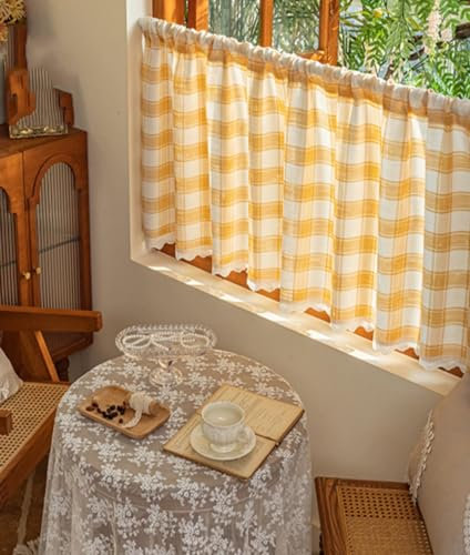 Devola Scheibengardinen Kariert Landhausstil Bistrogardine Karo Küchengardinen mit Spitze Kurzstore mit Stangendurchzug Kurzgardine Blickdicht Gardine Privatsphäre HxB 60x120cm Gelb 1 Stück