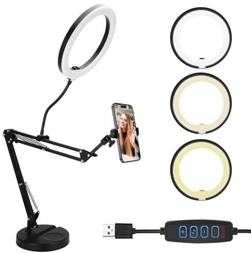 UPROZIL Overhead Phone Mount with Ring Light & Stand, Flexible Adjustable Arm Ring Light with Stable Stand, Dimmable Ring Light for Desk with Phone Camera Webcam Holder for Live Stream Video Recording