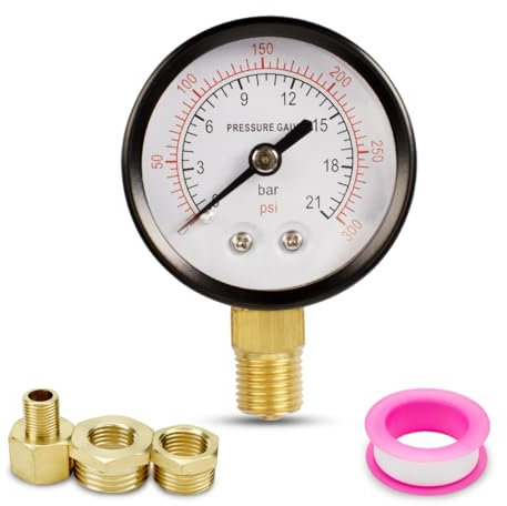 Innfeeltech 1-Pcs 50mm Well Pump Manometer BSP 1/4 0-21 Bar 0~300 Psi mit 2-Stück Buchse 1/4 bis 3/8, 1/4 bis 1/2 und 1-Stück Hex Nippel Reduzierend 1/4 auf 1/8, ein Teflonband, Radial