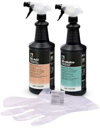 ERRECOM Kit limpieza de equipos de aire acondicionado exteriores con tensioactivos biodegradables, incluye detergente bioácido Bio Acid 1L, detergente bioalcalino Bio Alkaline 1L, guantes desechables