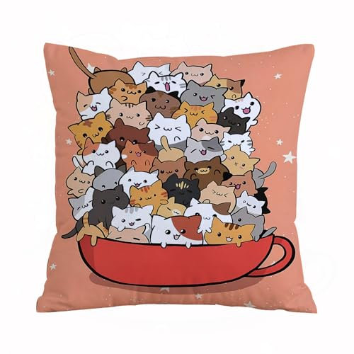 AELKSP Kissenbezug Kissenhülle Haus Dekorativ Für Jungen/Mädchen Wohnzimmer Schlafzimmer Sofa Stuhl Kissenbezüge,Zeichnen Sie Charakterdesign, süße Katze in Einer Tasse Tee. Isoliert auf Wei,50x50 cm