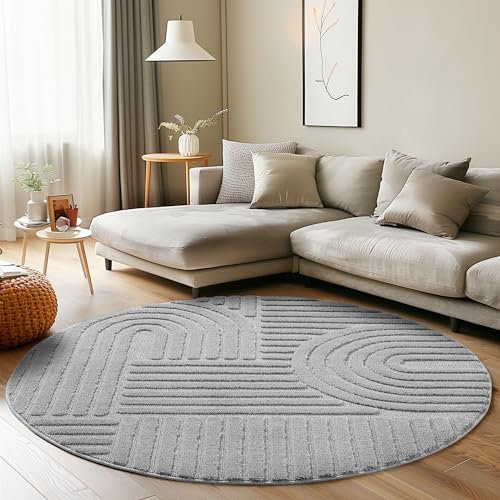 Carpettex Kurzflor Hochtief Teppich - 120 cm Rund Silber Skandi-Look - 3D Effekt Boho Muster Waschbar und Flauschig - Für Wohnzimmer, Schlafzimmer, Esszimmer und Küche