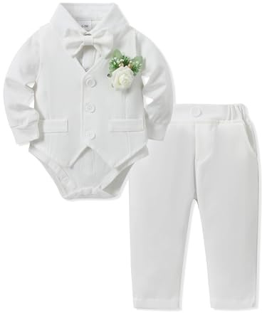 ZOEREA Baby Jungen Gentleman Anzug 0-18 Monate, Kleinkind Hochzeit Taufe Festliche Langarm Strampler Hemd + Fliege + Weste + Korsage + Hosenträge