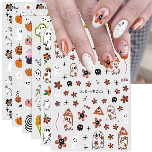 JMEOWIO 9 Sheets Halloween Nail Art Stickers Decals Self-Adhesive Cute Ghost Pumpkin Red Flower Nail Supplies Nail Art Design Decoration Accessories