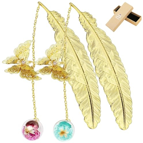 EIYVPRA 2 Goldfeder Lesezeichen mit Schmetterling Charme - Elegante Lesezeichen für Frauen, Buch-Liebhaber Geschenke, Buch-Marker für das Lesen, Lehrer Anerkennung Geschenke, Stocking Stuffers