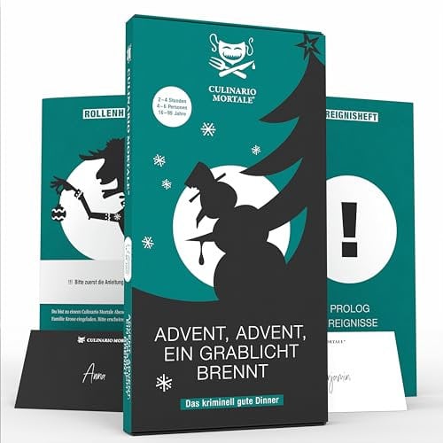 CULINARIO MORTALE® – Krimidinner für Zuhause 4 bis 6 Personen - Advent, Advent, EIN Grablicht brennt/Krimidinner Weihnachten/Krimi Dinner für Zuhause/Krimispiele für Erwachsene