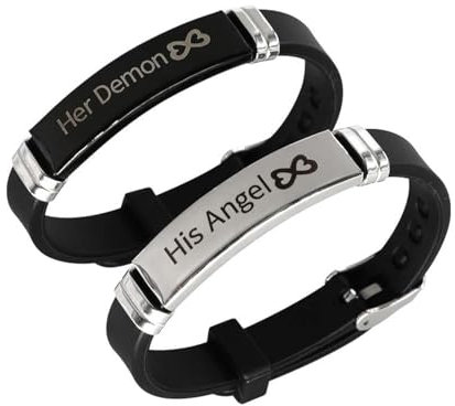 ZENRUIMING 2 Stück Männer und Frauen Paar Engel Dämon Silikon Edelstahl Armband Her Demon His Angel Englisch Alphabet Armband One Size Silikon Edelstahl Kein Edelstein, One size, Silikon-Edelstahl,