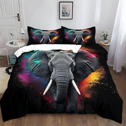 Bettwäsche 135x200cm Bunter Doodle-Elefant Polyester Baumwolle Bettbezug Set, Weich Bügelfrei Bettwäsche-Sets für Kinder Junge Mädchen Zimmer Dekoration, mit Kissenbezüge