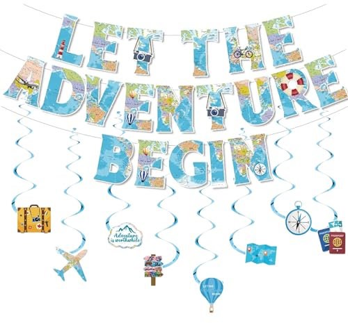 Let The Adventure Begin Banner, 28 Stück Reise Motto Partydekoration, Hängende Wirbel, Partyzubehör um Thema Weltreisen, Voyage Party Deko Reise Thema, Ruhestand, Abschlussfeier, Abschiedsparty