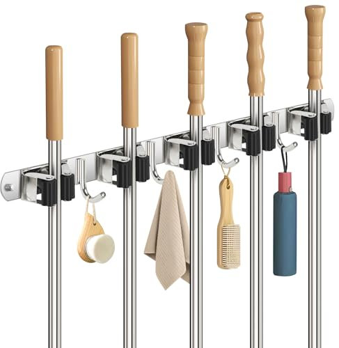 Sampoes Porta Scope Parete, Portascope da Muro in Acciaio Inox con Ganci, Appendi Scope a Muro per Cucina, Bagno, Garage