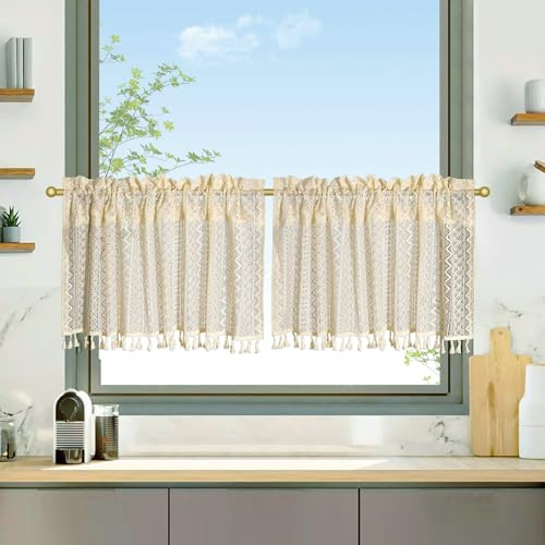 Beydodo Scheibengardine Bistrogardine 60CM Hoch Boho, Vorhänge Kurz Fenster mit Muster Geometrie Halbtransparent Beige Küchengardinen Set 2 Teilig 100x60CM