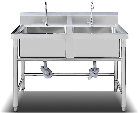 Doppelwaschbecken aus Edelstahl für den Außenbereich, gewerbliches und industrielles Restaurant-Waschbecken, Waschbeckenfüße, Waschtisch-Eckdesign, leicht zu reinigen, für die Garage/L120 * B70 * H80