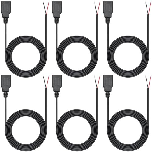 Greluma 6 Pcs Fil nu Femelle USB 2.0 12V/3A à 2 Broches, Câble d'alimentation à extrémité ouverte en queue de cochon de 1m USB A à 2 fils