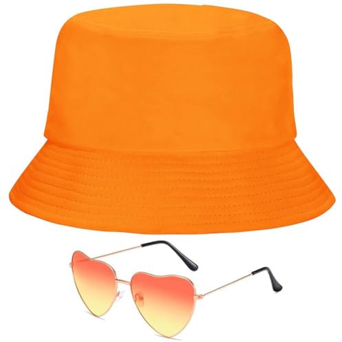 ZGCXRTO Orange Baumwolle Fischerhut Orange Brillen in Herzform,Sonnenblende Bucket Hat mit UV Schutz Sonnen Hut für Hippie Brillen Fasching Karneval Cosplay Kostüme Accessoires
