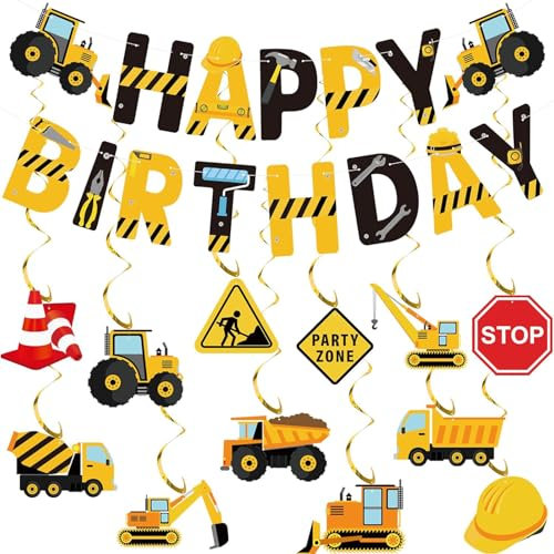 FloralGrace 27 Stück Baustelle Geburtstags Party Dekorationen, Baustelle Happy Birthday Banner Fahrzeug Hängende Wirbel Baustelle Party Decke Girlanden Deko
